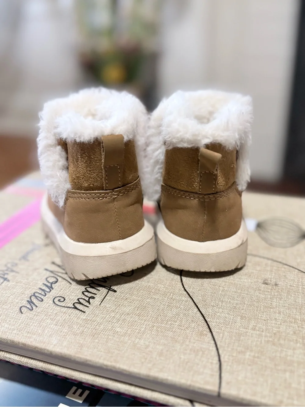 Carter's Tan Faux-Fur Kids Boots with Pink Accent Laces